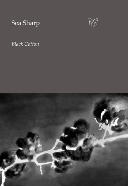 The cover of Black Cotton. An image of a branch of cotton, in a photographic negative.