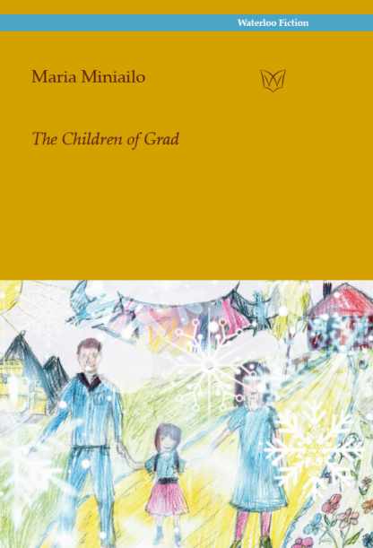Cover of The Children of Grad. A child's drawing of a happy family, covered in snowflakes.