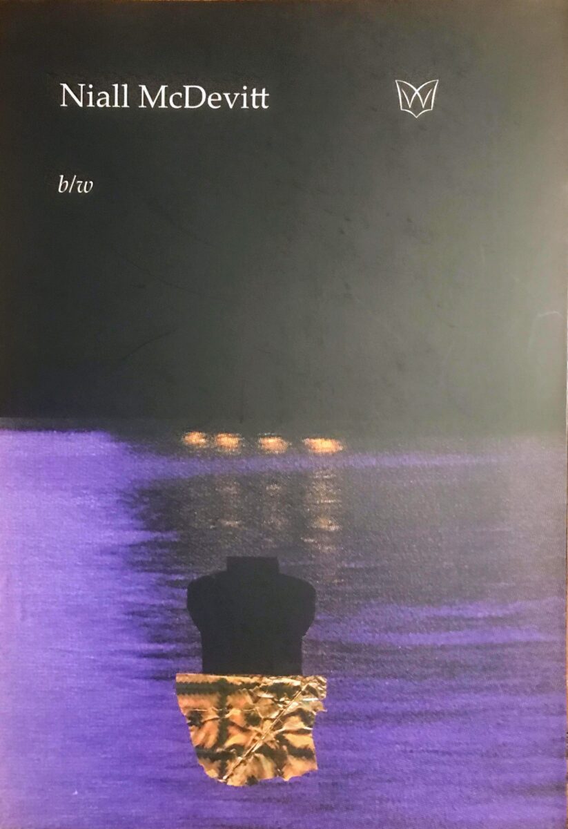 Cover of b/w by Niall McDevitt. Image is a collage depicting the stylised black silhouette of a headless and armless torso, in a gold vessel on a night river with gold lights in the background. 