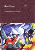Front cover of Pedestrian in the Multiverse: against a plum background, a bright painting of a blue horse with two red foals.